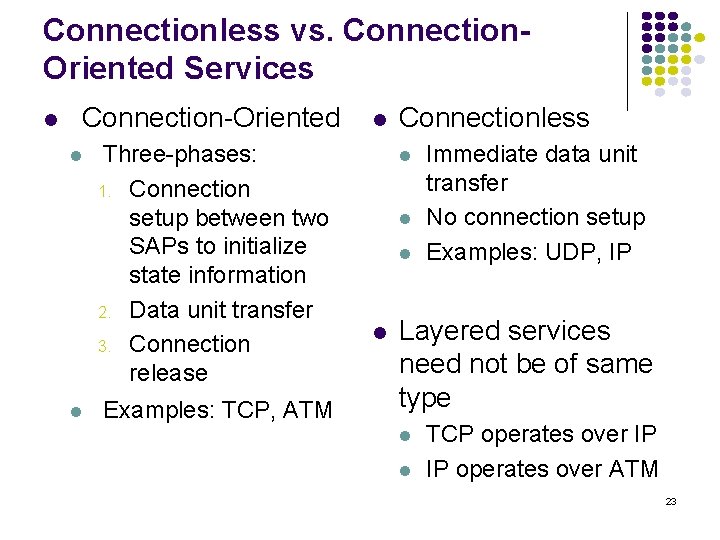 Connectionless vs. Connection. Oriented Services l Connection-Oriented l l Three-phases: 1. Connection setup between