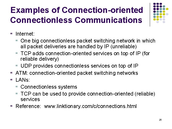 Examples of Connection-oriented Connectionless Communications Internet: One big connectionless packet switching network in which