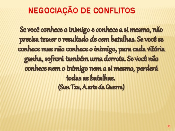 NEGOCIAÇÃO DE CONFLITOS Se você conhece o inimigo e conhece a si mesmo, não