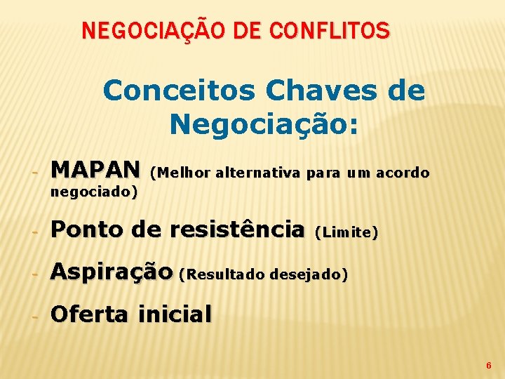 NEGOCIAÇÃO DE CONFLITOS Conceitos Chaves de Negociação: - MAPAN (Melhor alternativa para um acordo