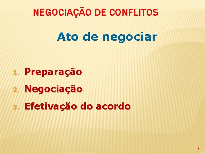 NEGOCIAÇÃO DE CONFLITOS Ato de negociar 1. Preparação 2. Negociação 3. Efetivação do acordo