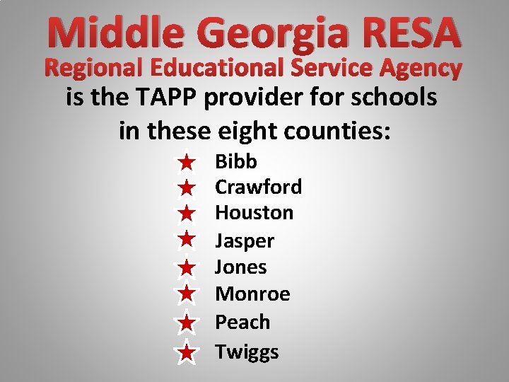 Middle Georgia RESA Regional Educational Service Agency is the TAPP provider for schools in