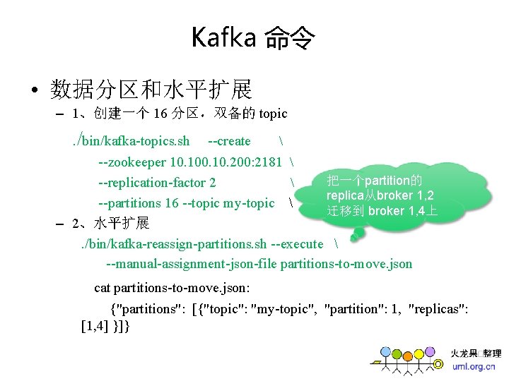 Kafka 命令 • 数据分区和水平扩展 – 1、创建一个 16 分区,双备的 topic . /bin/kafka-topics. sh --create Kafka 命令 • 数据分区和水平扩展 – 1、创建一个 16 分区,双备的 topic . /bin/kafka-topics. sh --create