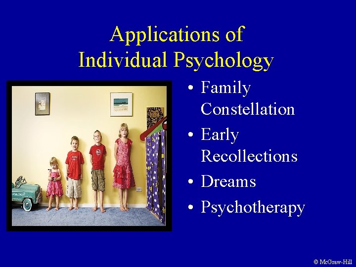 Applications of Individual Psychology • Family Constellation • Early Recollections • Dreams • Psychotherapy Applications of Individual Psychology • Family Constellation • Early Recollections • Dreams • Psychotherapy