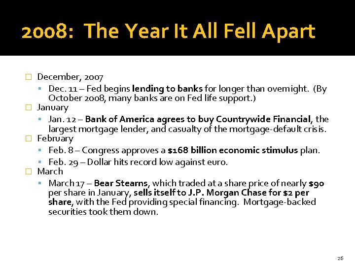 2008: The Year It All Fell Apart December, 2007 Dec. 11 – Fed begins