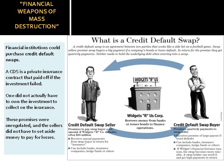 “FINANCIAL WEAPONS OF MASS DESTRUCTION” Financial institutions could purchase credit default swaps. A CDS