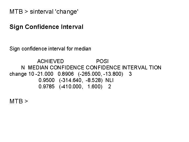 MTB > sinterval 'change' Sign Confidence Interval Sign confidence interval for median ACHIEVED POSI