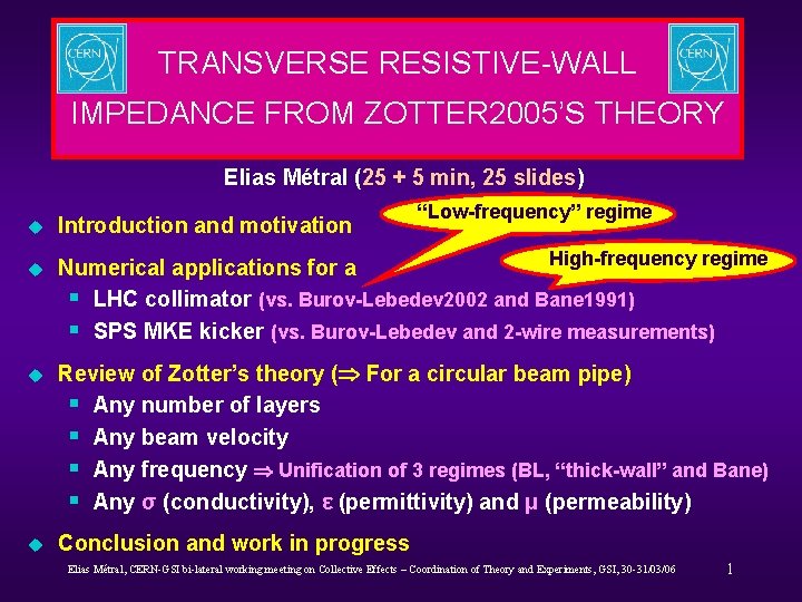 TRANSVERSE RESISTIVE-WALL IMPEDANCE FROM ZOTTER 2005’S THEORY Elias Métral (25 + 5 min, 25