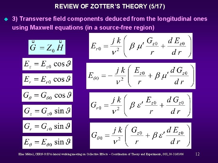 REVIEW OF ZOTTER’S THEORY (5/17) u 3) Transverse field components deduced from the longitudinal