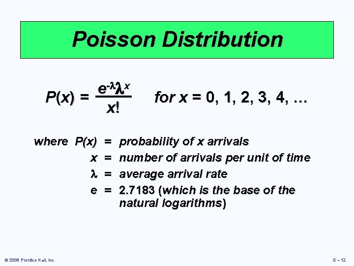 Poisson Distribution e - x P (x ) = x! where P(x) x e