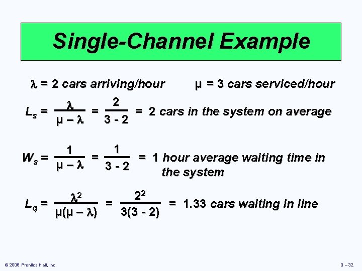 Single-Channel Example = 2 cars arriving/hour µ = 3 cars serviced/hour 2 Ls =