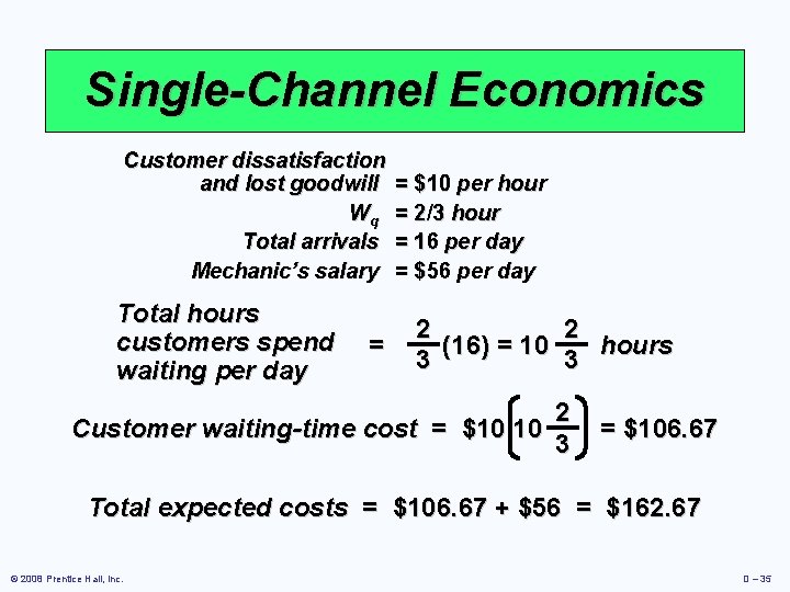 Single-Channel Economics Customer dissatisfaction and lost goodwill Wq Total arrivals Mechanic’s salary Total hours