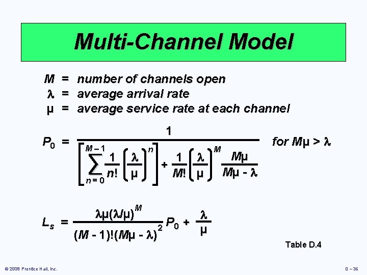 Multi-Channel Model M µ = = = P 0 = number of channels open