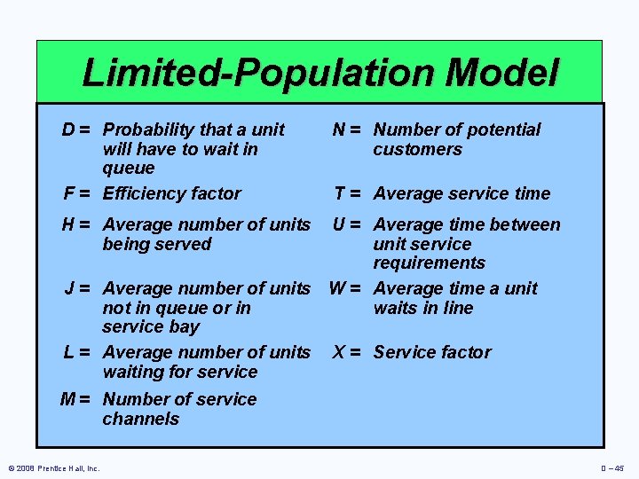 Limited-Population Model D = Probability that a unit N = Number of potential T