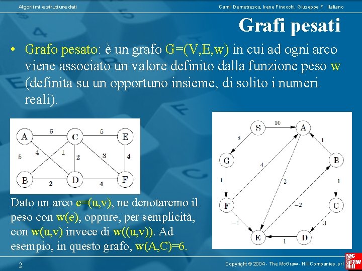 Algoritmi e strutture dati Camil Demetrescu, Irene Finocchi, Giuseppe F. Italiano Grafi pesati •