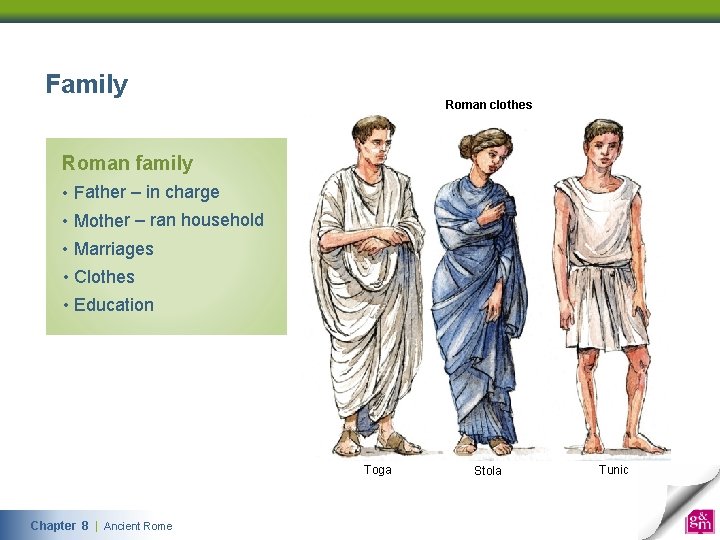 Family Roman clothes Roman family • Father – in charge • Mother – ran