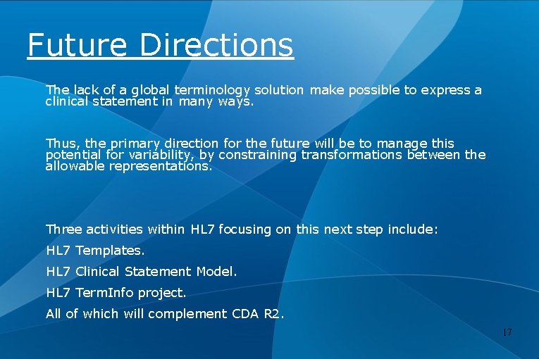 Future Directions The lack of a global terminology solution make possible to express a