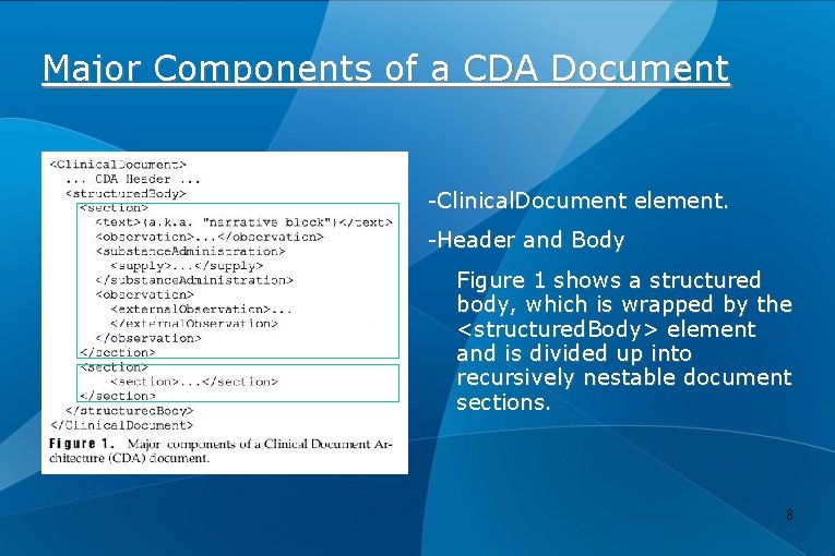 Major Components of a CDA Document -Clinical. Document element. -Header and Body Figure 1