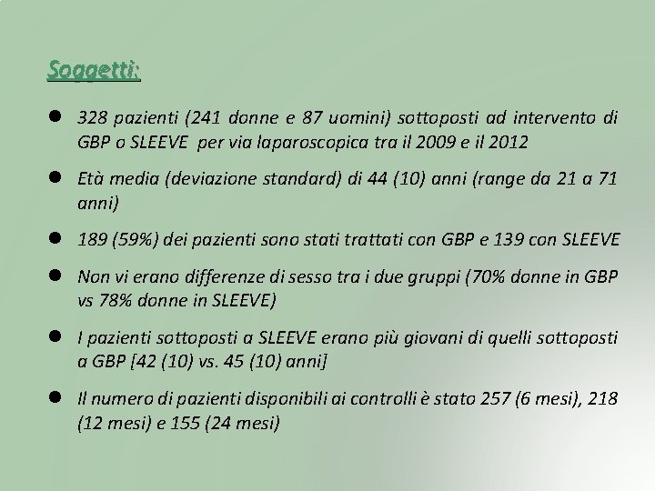 Soggetti: 328 pazienti (241 donne e 87 uomini) sottoposti ad intervento di GBP o