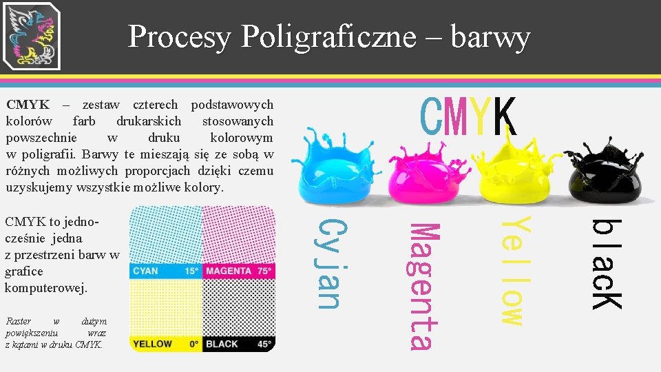 Procesy Poligraficzne – barwy CMYK – zestaw czterech podstawowych kolorów farb drukarskich stosowanych powszechnie Procesy Poligraficzne – barwy CMYK – zestaw czterech podstawowych kolorów farb drukarskich stosowanych powszechnie