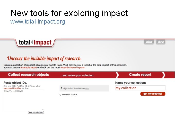 New tools for exploring impact www. total-impact. org 