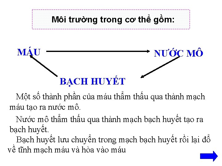 Môi trường trong cơ thể gồm: MÁU NƯỚC MÔ BẠCH HUYẾT Một số thành Môi trường trong cơ thể gồm: MÁU NƯỚC MÔ BẠCH HUYẾT Một số thành