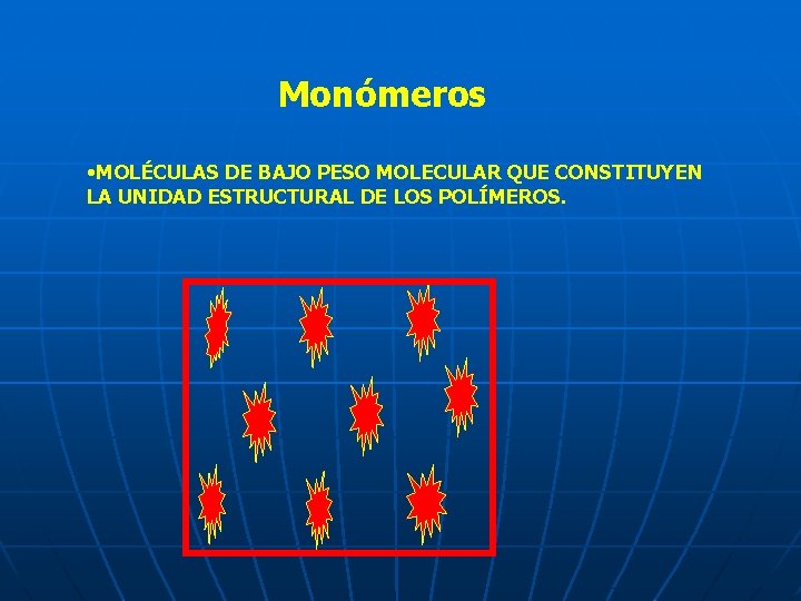 Monómeros • MOLÉCULAS DE BAJO PESO MOLECULAR QUE CONSTITUYEN LA UNIDAD ESTRUCTURAL DE LOS