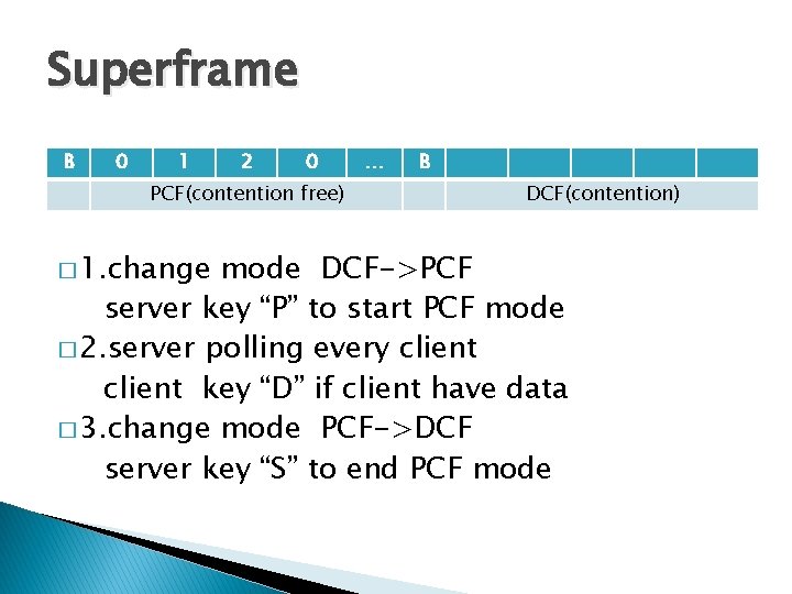 Superframe B 0 1 2 0 PCF(contention free) � 1. change … B DCF(contention)