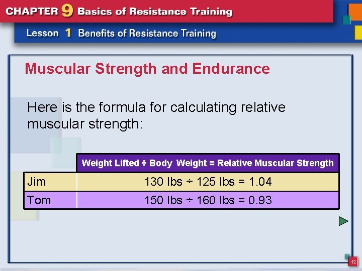 Muscular Strength and Endurance Here is the formula for calculating relative muscular strength: Weight Muscular Strength and Endurance Here is the formula for calculating relative muscular strength: Weight
