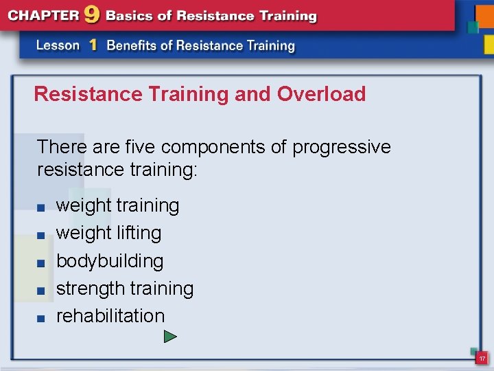 Resistance Training and Overload There are five components of progressive resistance training: weight training Resistance Training and Overload There are five components of progressive resistance training: weight training