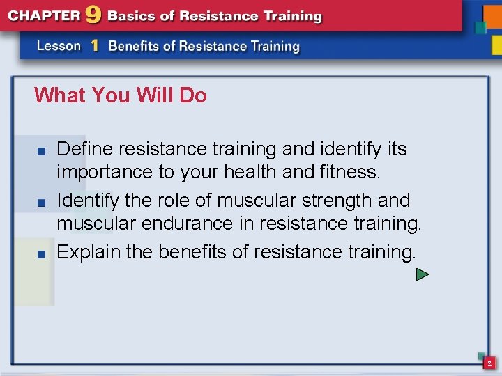 What You Will Do Define resistance training and identify its importance to your health What You Will Do Define resistance training and identify its importance to your health