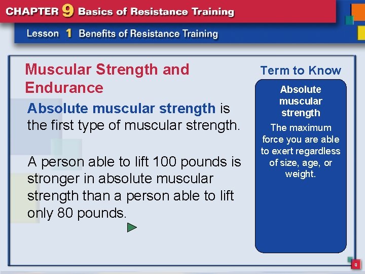 Muscular Strength and Endurance Absolute muscular strength is the first type of muscular strength. Muscular Strength and Endurance Absolute muscular strength is the first type of muscular strength.