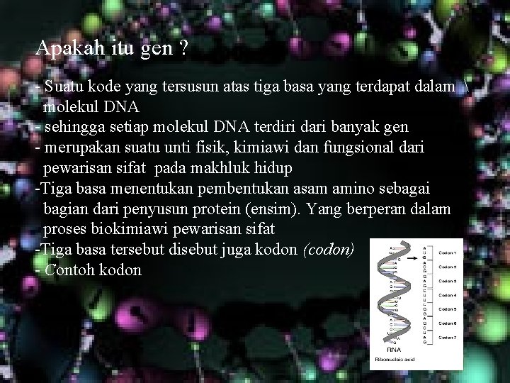 Apakah itu gen ? - Suatu kode yang tersusun atas tiga basa yang terdapat Apakah itu gen ? - Suatu kode yang tersusun atas tiga basa yang terdapat