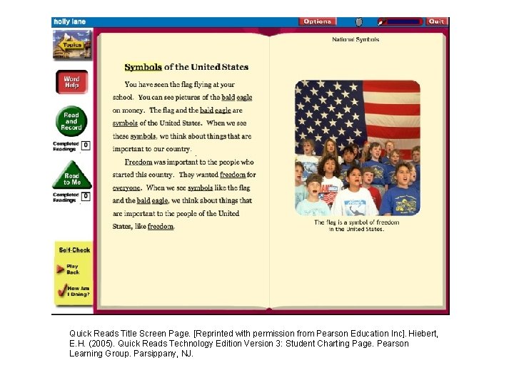 Quick Reads Title Screen Page. [Reprinted with permission from Pearson Education Inc]. Hiebert, E.