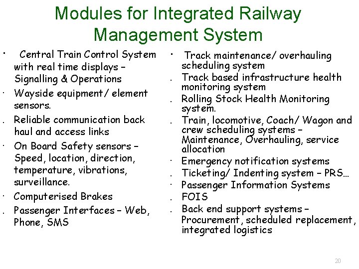 Modules for Integrated Railway Management System · Central Train Control System with real time