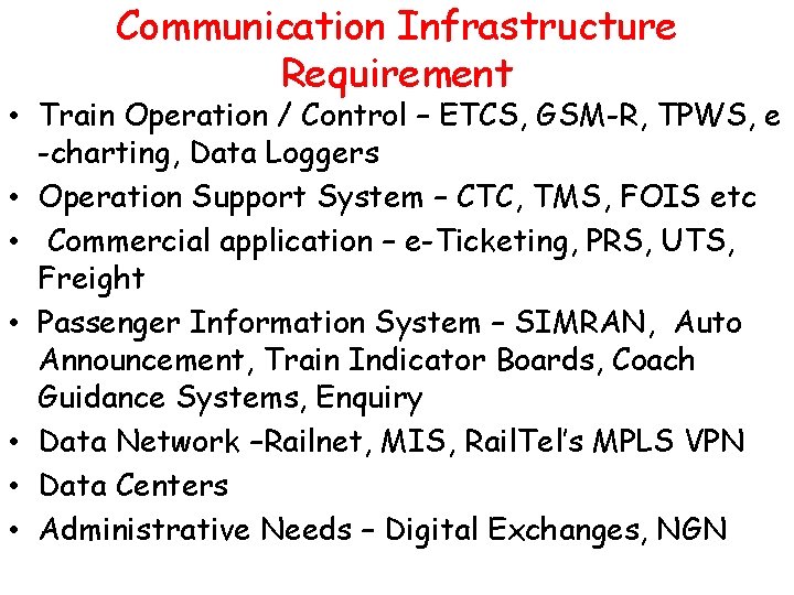 Communication Infrastructure Requirement • Train Operation / Control – ETCS, GSM-R, TPWS, e -charting,