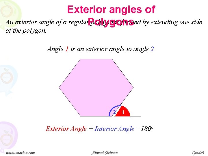 Exterior angles of An exterior angle of a regular. Polygons polygon is formed by
