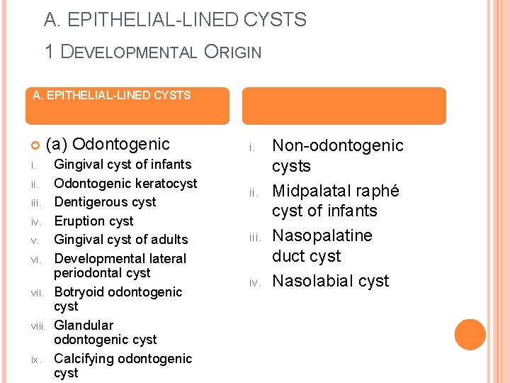  A. EPITHELIAL-LINED CYSTS 1 DEVELOPMENTAL ORIGIN A. EPITHELIAL-LINED CYSTS (a) Odontogenic i. iii.