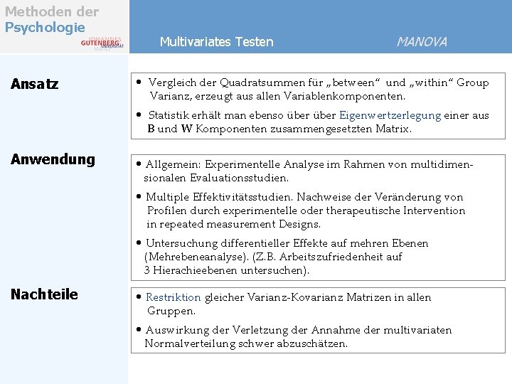 Methoden der Psychologie Ansatz Multivariates Testen MANOVA • Vergleich der Quadratsummen für „between“ und Methoden der Psychologie Ansatz Multivariates Testen MANOVA • Vergleich der Quadratsummen für „between“ und