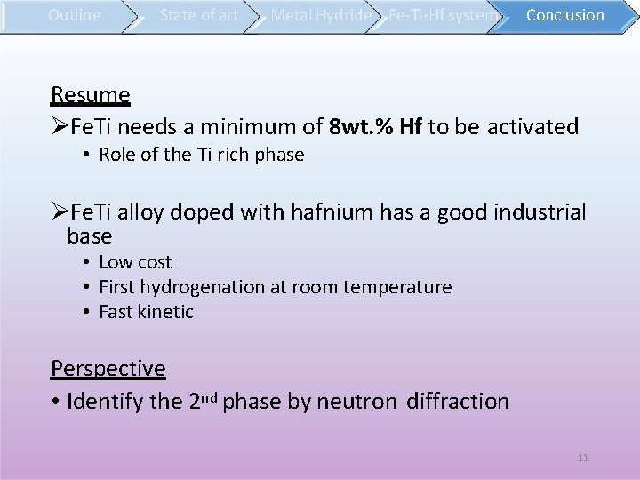 Outline State of art Metal Hydride Fe-Ti-Hf system Conclusion Resume Fe. Ti needs a