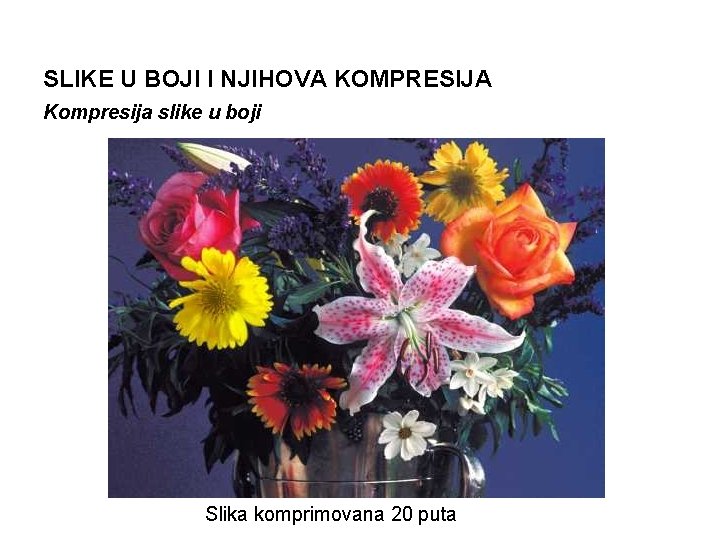 SLIKE U BOJI I NJIHOVA KOMPRESIJA Kompresija slike u boji Slika komprimovana 20 puta SLIKE U BOJI I NJIHOVA KOMPRESIJA Kompresija slike u boji Slika komprimovana 20 puta
