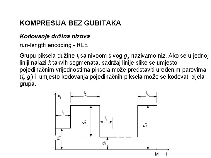 KOMPRESIJA BEZ GUBITAKA Kodovanje dužina nizova run-length encoding - RLE Grupu piksela dužine li