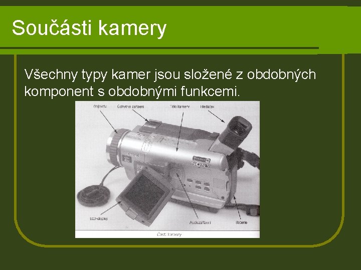 Součásti kamery Všechny typy kamer jsou složené z obdobných komponent s obdobnými funkcemi. 