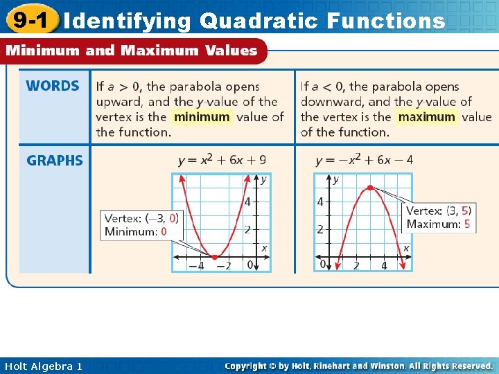 9 -1 Identifying Quadratic Functions Holt Algebra 1 
