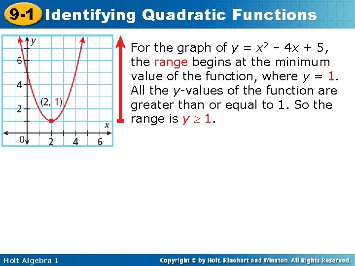 9 -1 Identifying Quadratic Functions For the graph of y = x 2 –