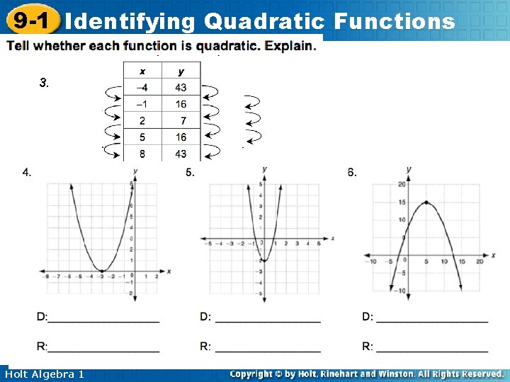 9 -1 Identifying Quadratic Functions 3. Holt Algebra 1 