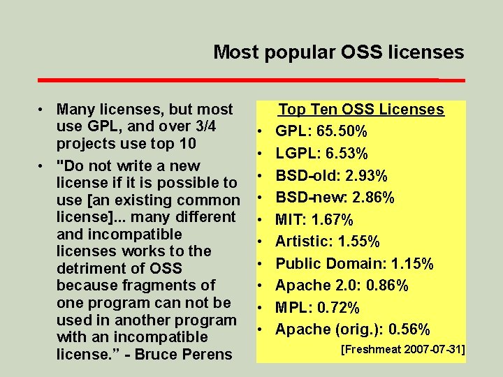 Most popular OSS licenses • Many licenses, but most use GPL, and over 3/4