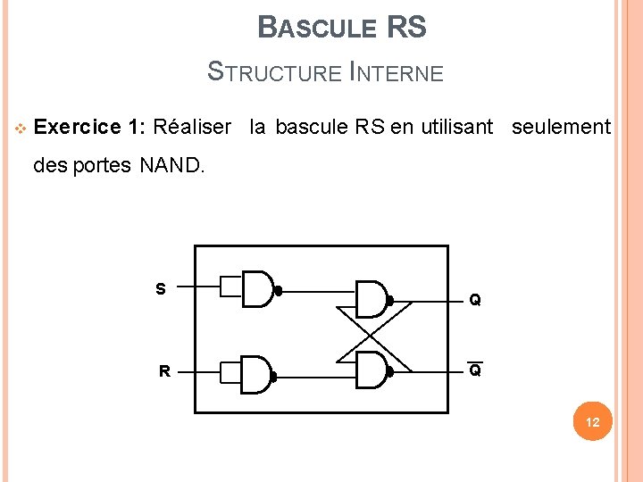 BASCULE RS STRUCTURE INTERNE Exercice 1: Réaliser la bascule RS en utilisant seulement des