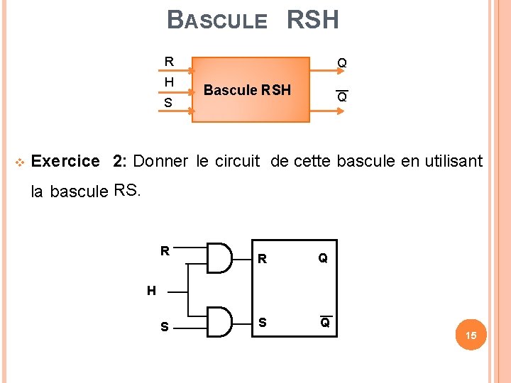 BASCULE RSH R H S Q Bascule RSH Q Exercice 2: Donner le circuit