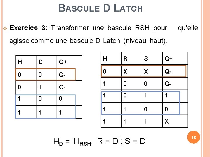 BASCULE D LATCH Exercice 3: Transformer une bascule RSH pour qu’elle agisse comme une